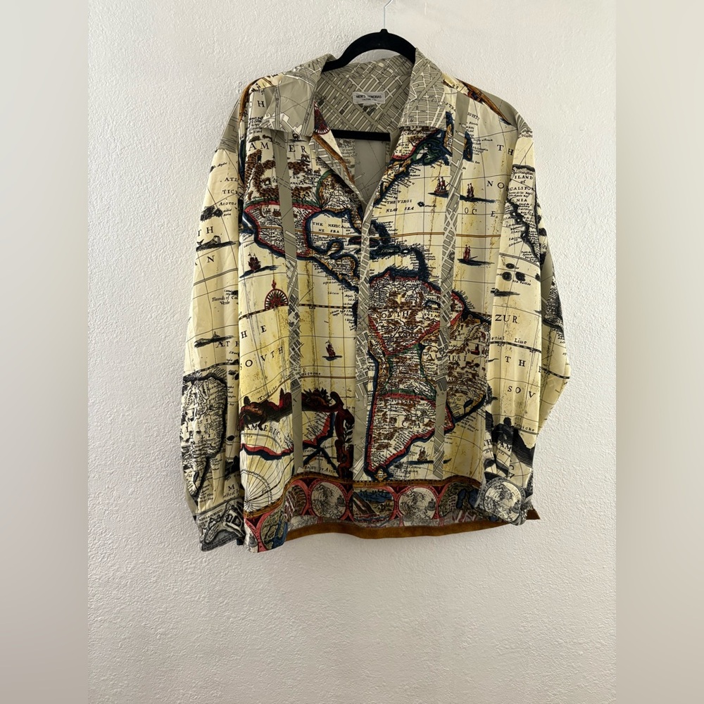 Men Tenoras Sailing Long Sleeve Button Down Shirt all-over world map print  XXL